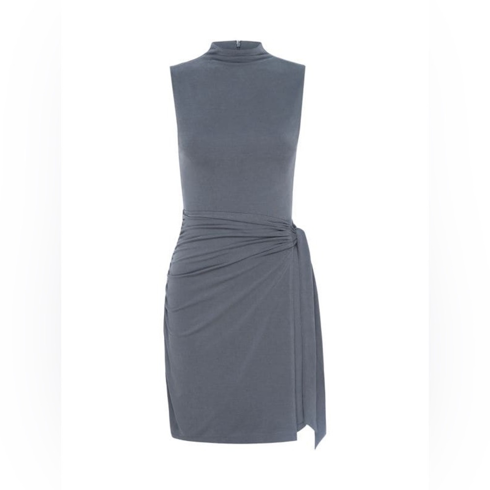 Good American Sandwashed Jersey Wrap Mock Turtleneck Minidress in Black